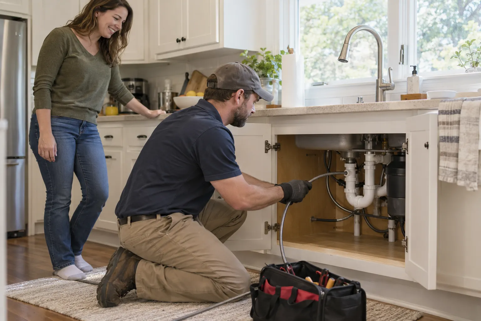 A local drain cleaning provider clearing a blocked kitchen drain in a home near Overland Park