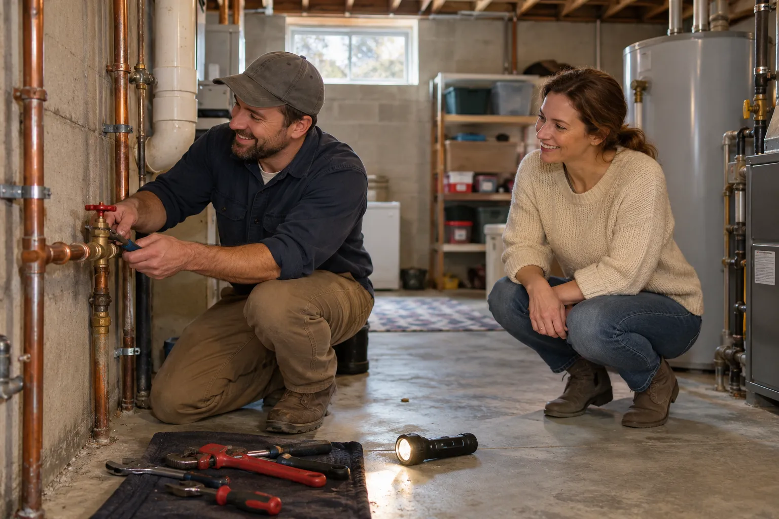 Friendly local plumber checking a repaired pipe under a kitchen sink with a homeowner in Overland Park