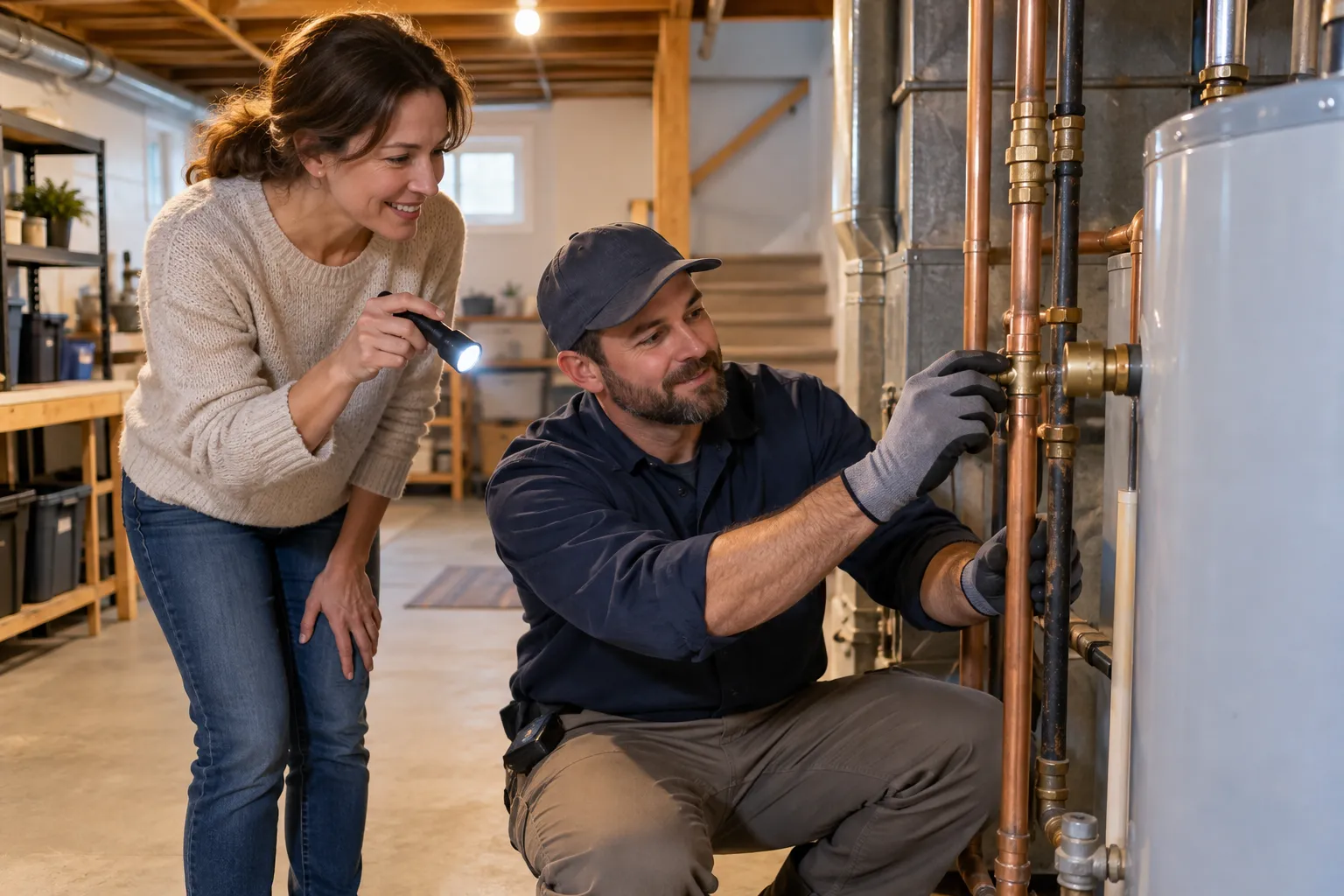 A provider checking a basement pipe for a Overland Park homeowner