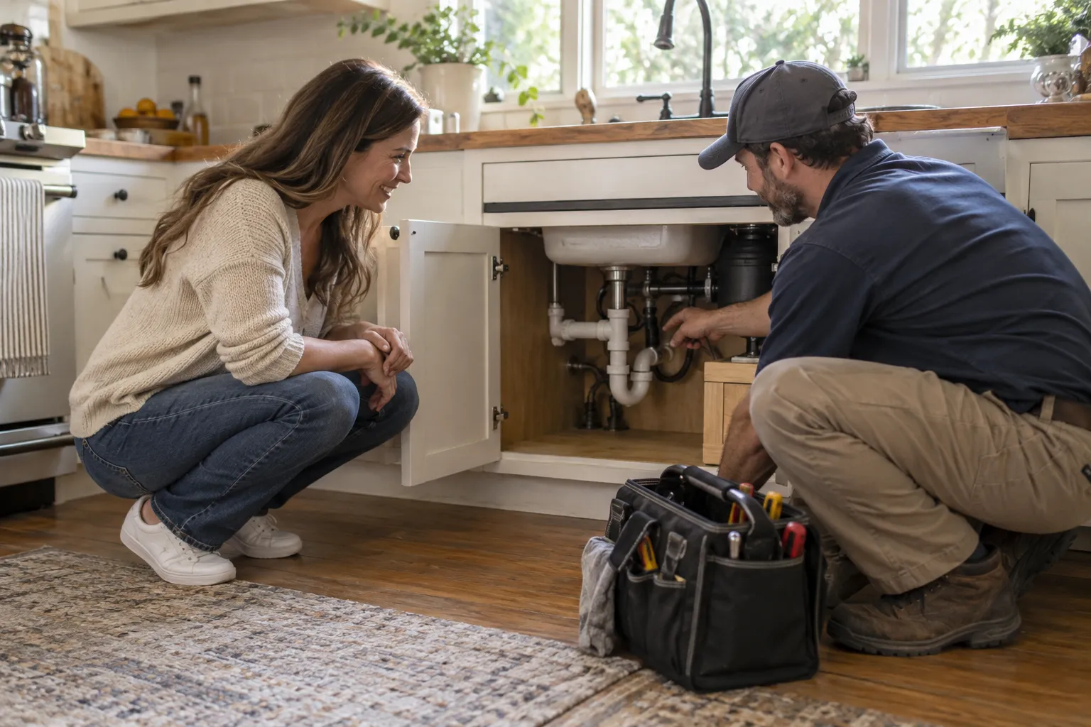A homeowner talking with a friendly plumbing provider beside a kitchen sink in Overland Park