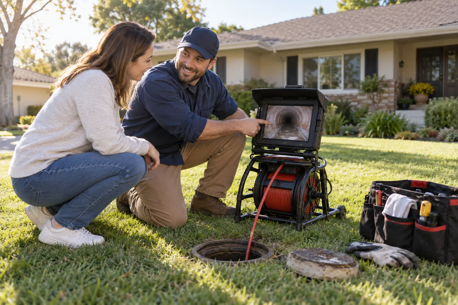 Plumbing provider guiding a sewer camera into a cleanout pipe at a home in Overland Park